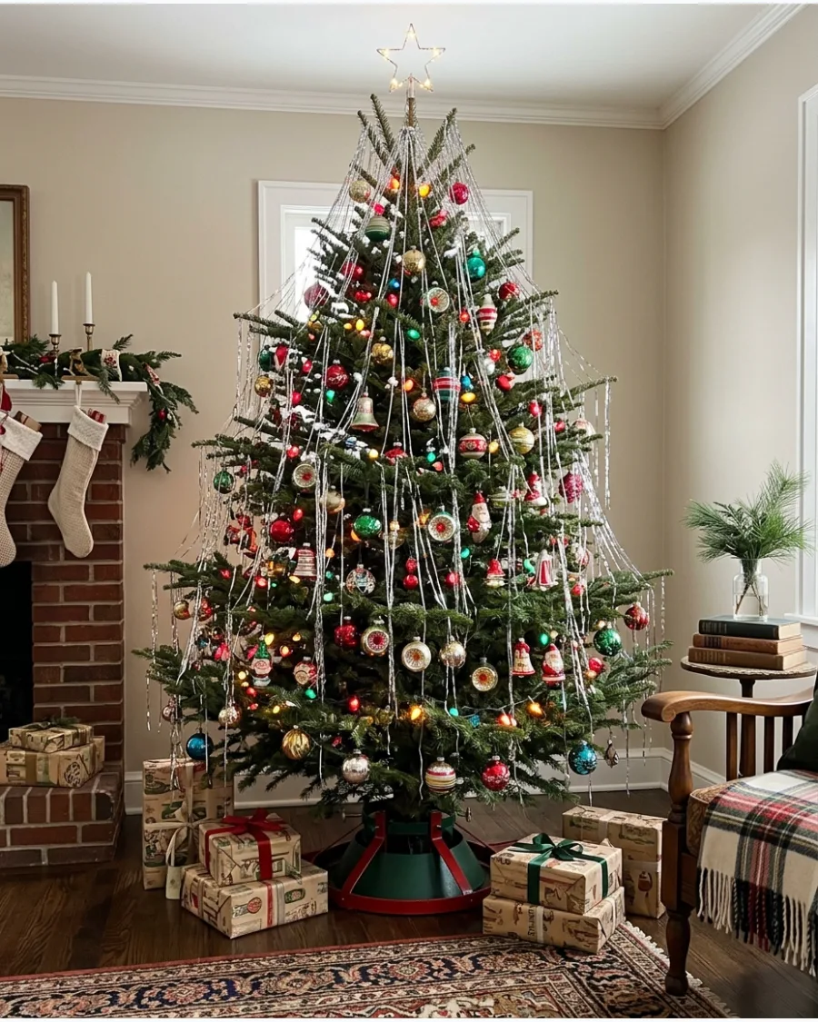 5. Old-Fashioned Tinsel and Glass Ornament Tree