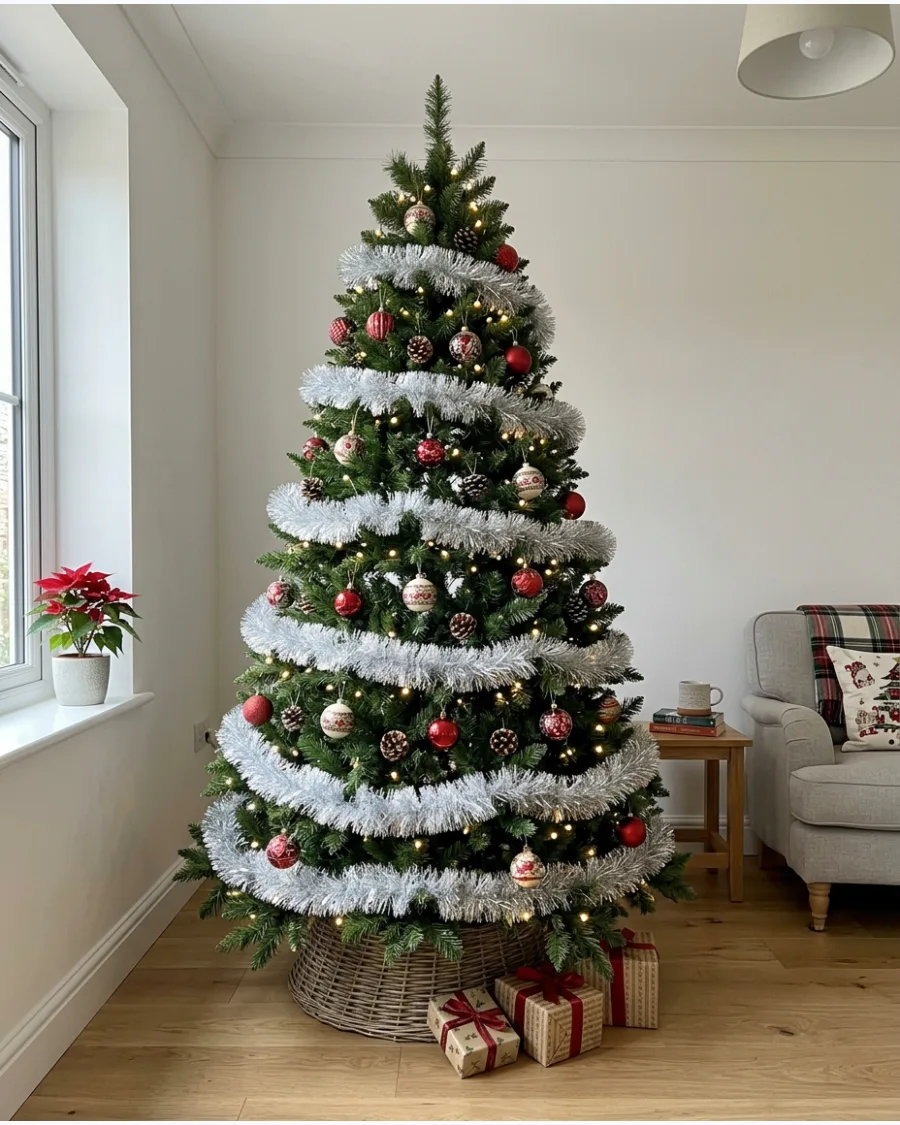 53. Tinsel Garland Wrapped Christmas Tree