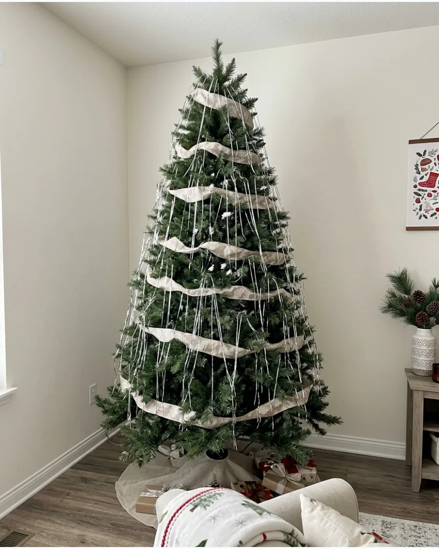 55. Tinsel and Ribbon Layered Christmas Tree