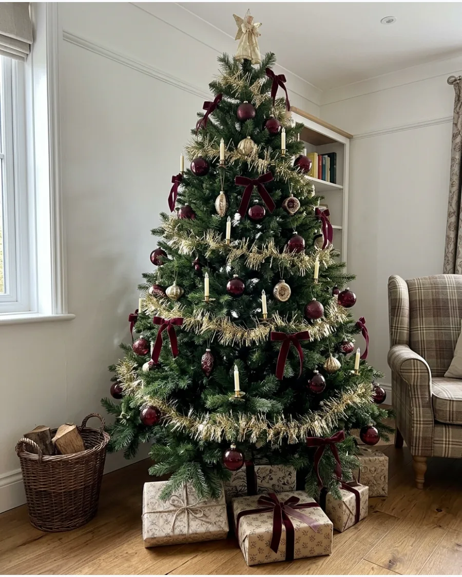 6. Victorian-Inspired Gold Tinsel Christmas Tree