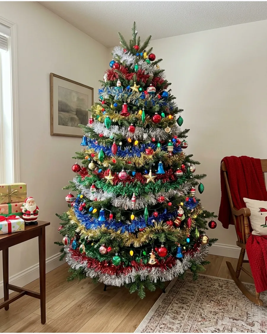 8. Retro Multicolor Tinsel Christmas Tree