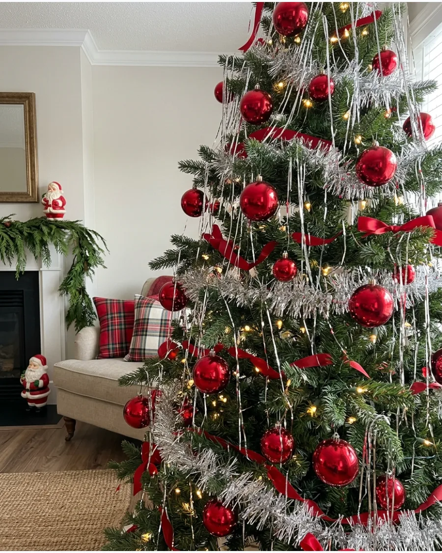9. Vintage Silver Tinsel With Red Ornaments