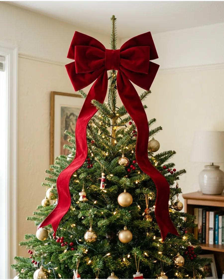 1. Oversized Red Velvet Bow Tree Topper
