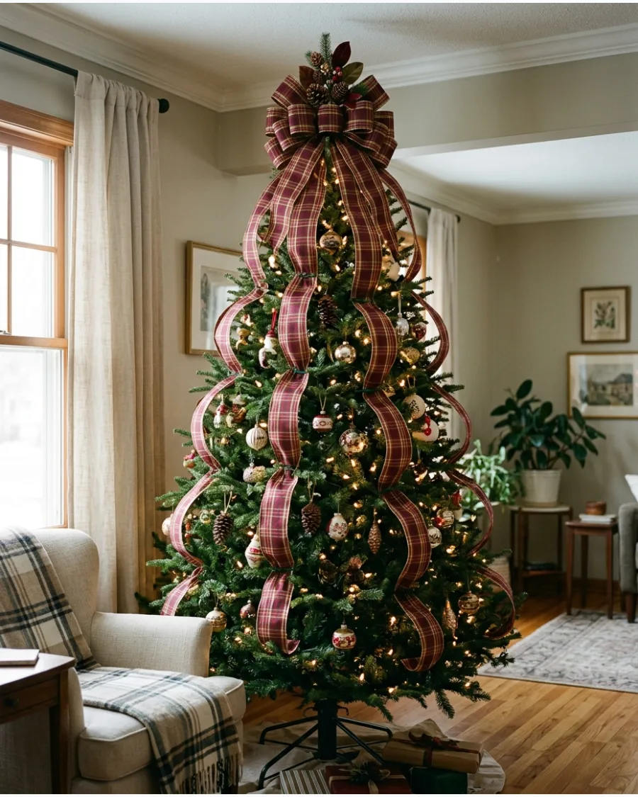 10. Cascading Ribbon Bow Tree Topper