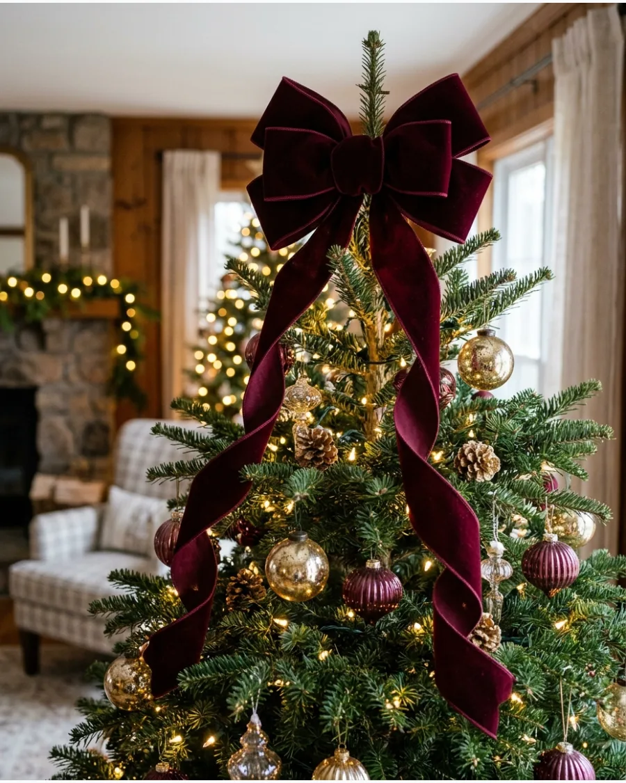 2. Burgundy Velvet Bow Tree Topper