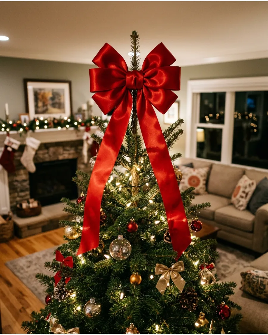 3. Classic Red Satin Bow Tree Topper