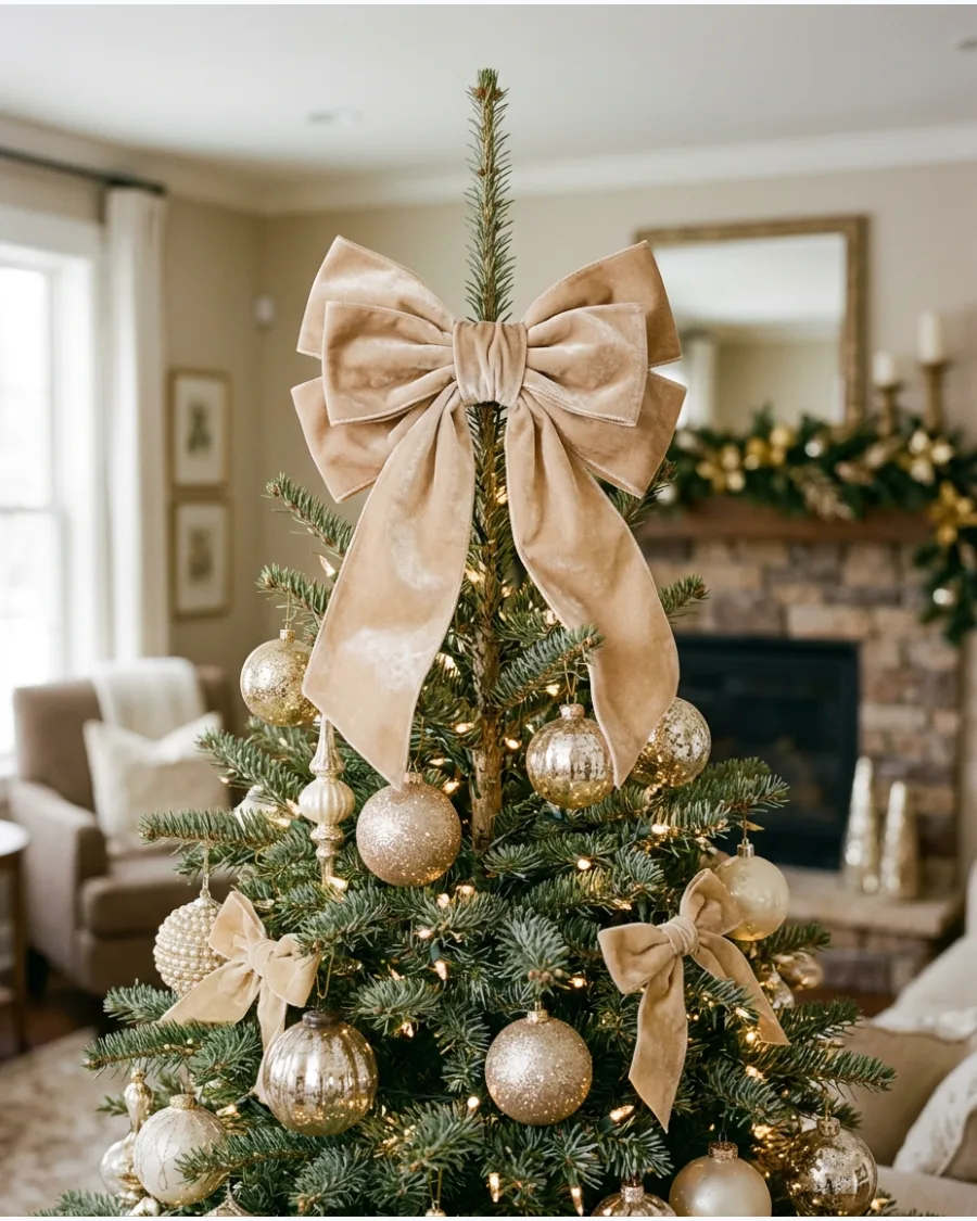 6. Champagne Velvet Bow Tree Topper