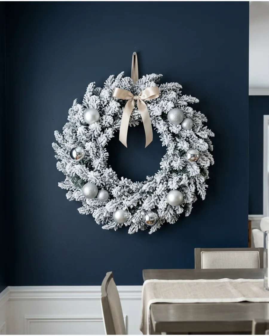 10. Snowy Flocked Christmas Wreath Wall