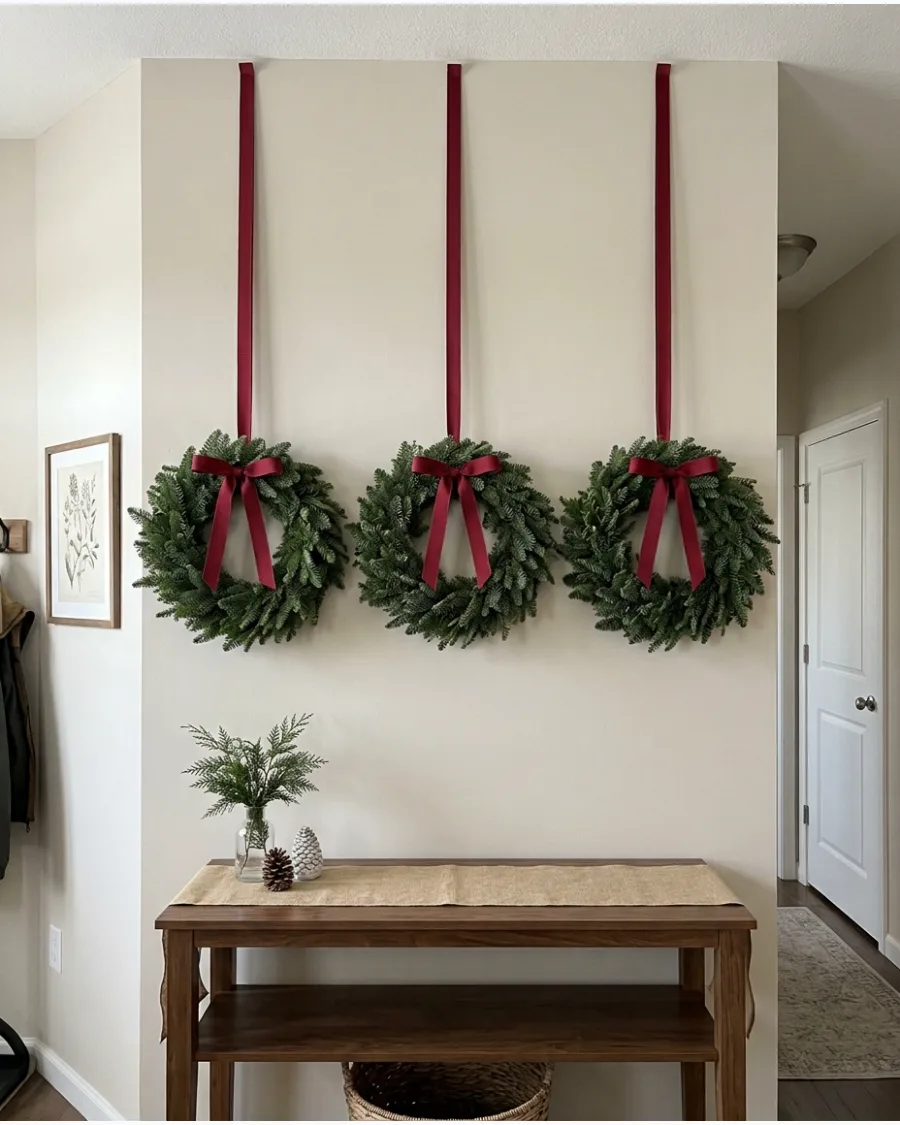 3. Three Matching Christmas Wreaths in a Row