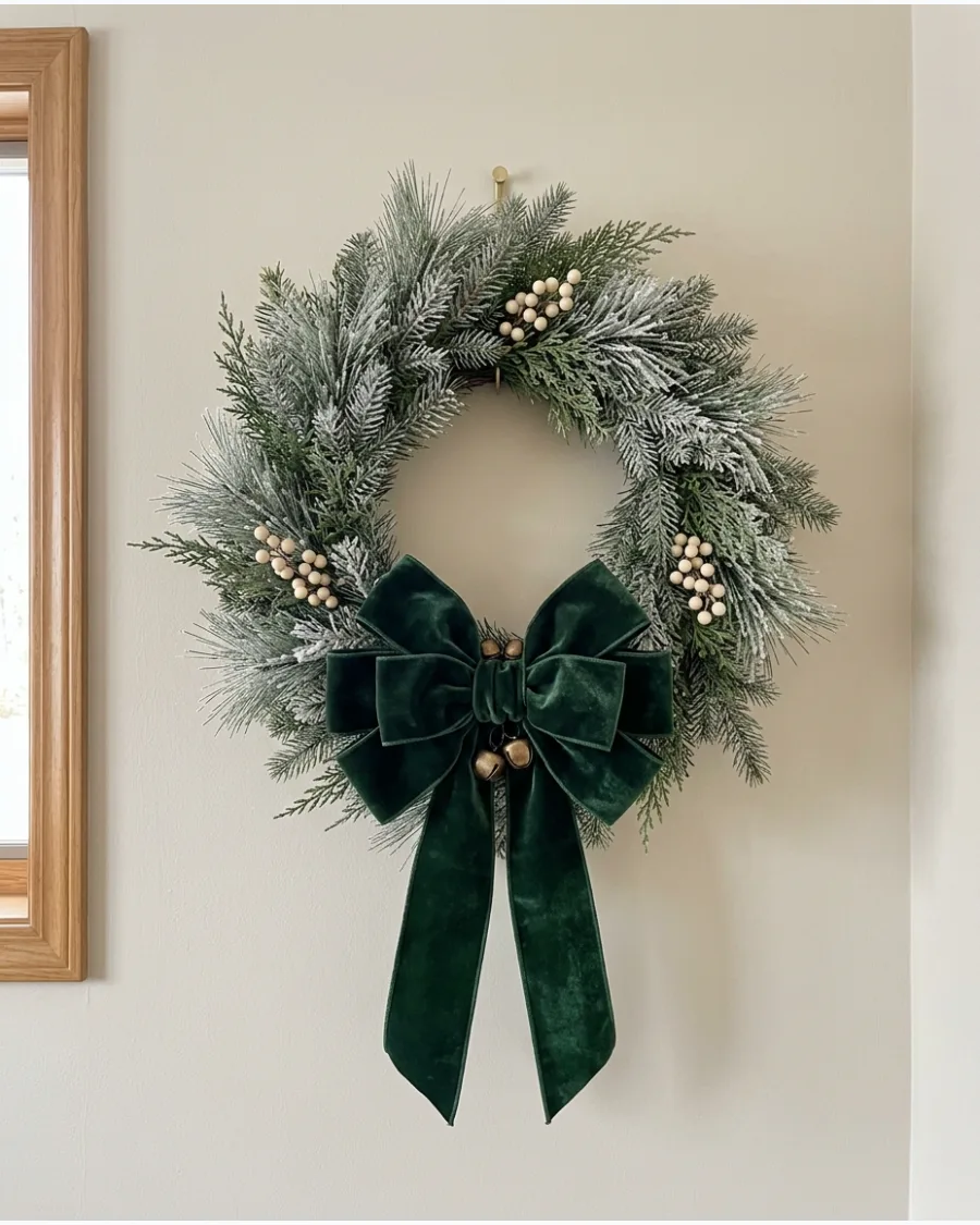 6. Green Velvet Bow Christmas Wreath