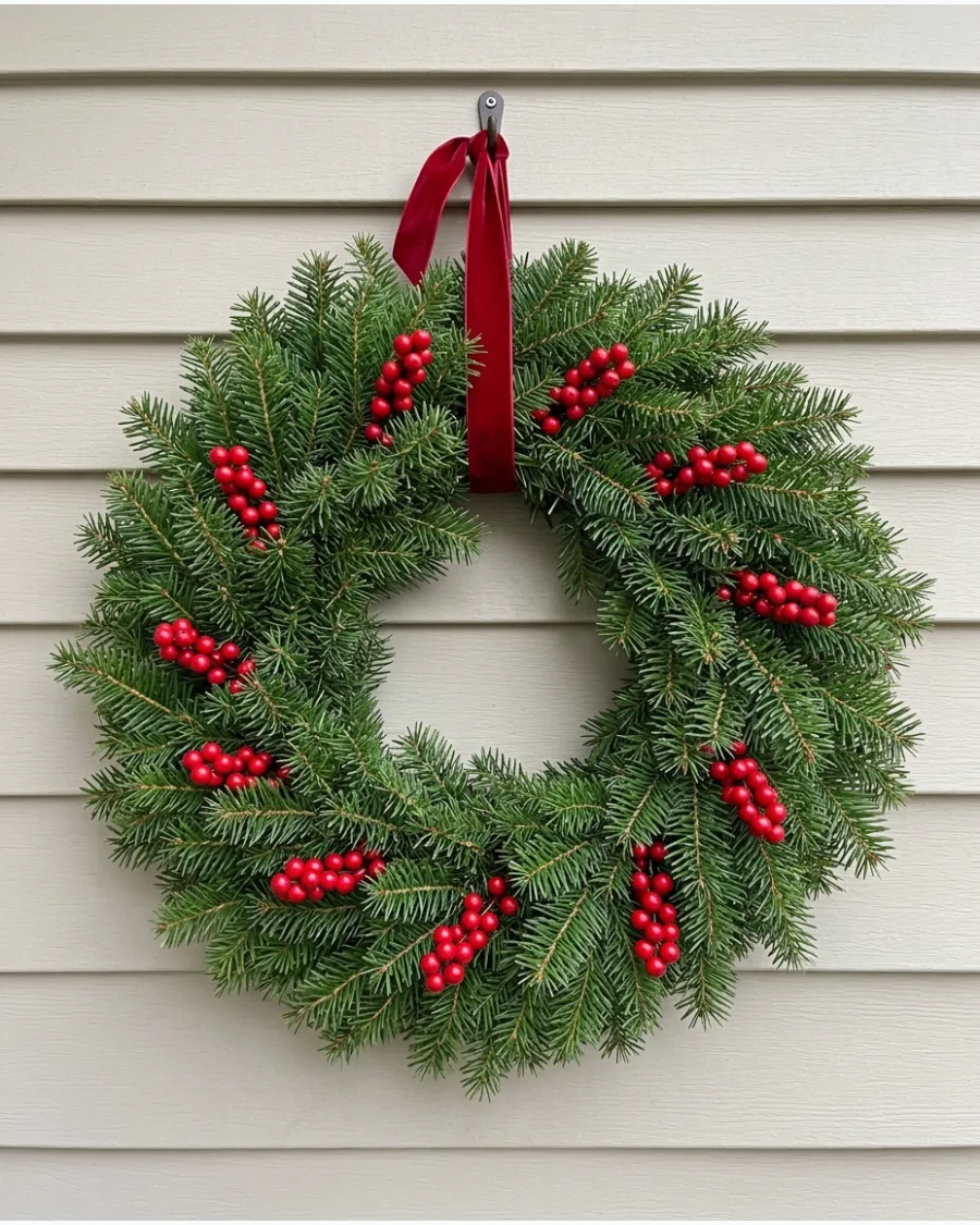 2. Simple Pine and Red Berry Wreath