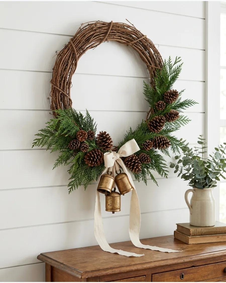 29. Farmhouse Christmas Wreath With Bells