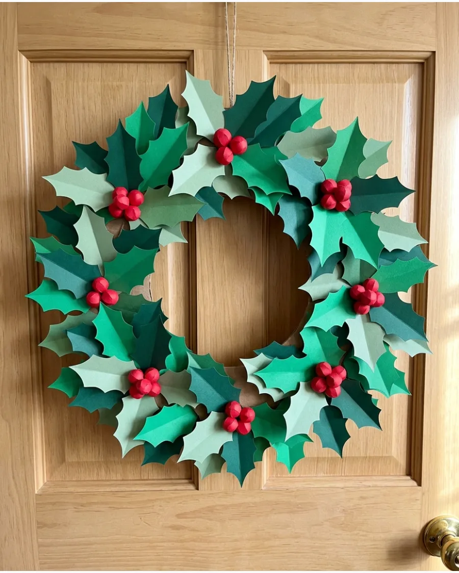 33. Paper Holly Christmas Wreath