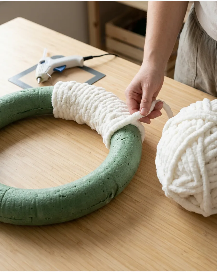 36. Easy Yarn Wrapped Christmas Wreath