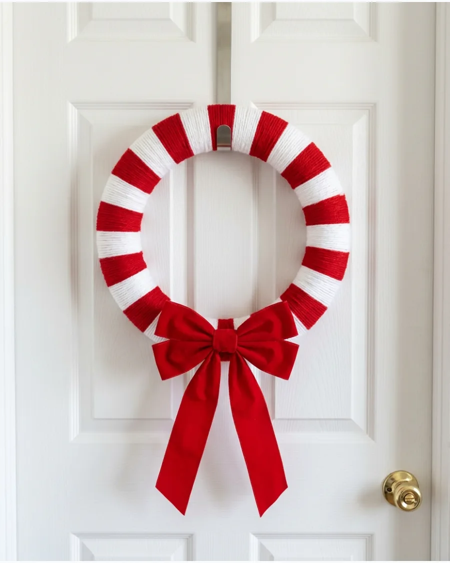 37. Red and White Yarn Candy Cane Wreath