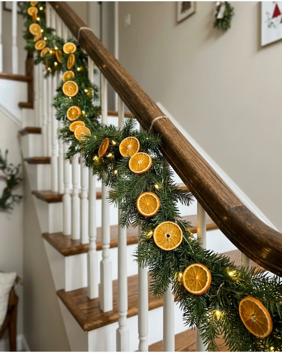 25. Dried Orange and Evergreen Staircase Garland
