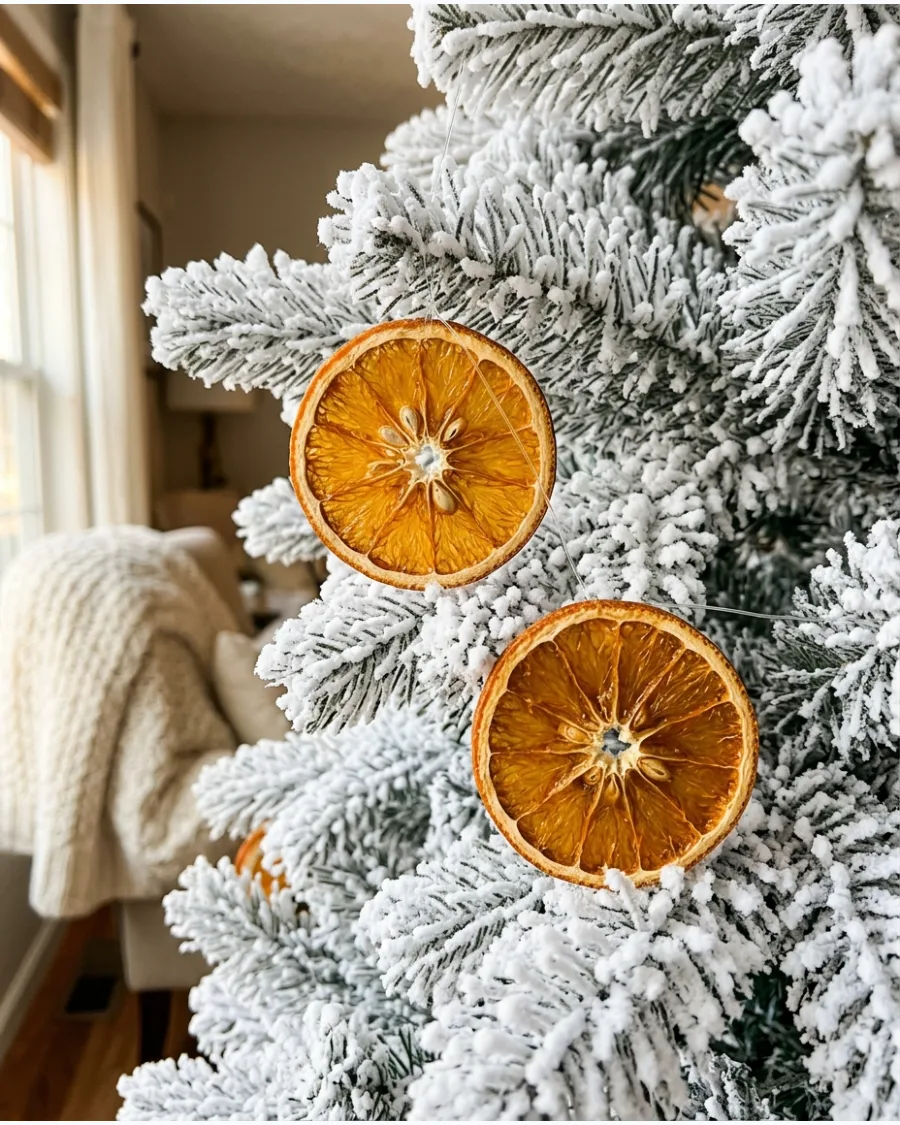 30. Dried Orange Garland on a Flocked Christmas Tree