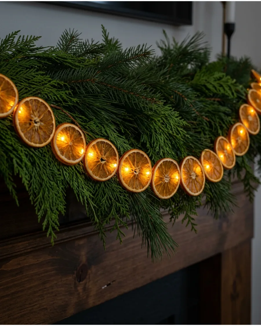 32. Layered Evergreen and Dried Orange Mantel Garland