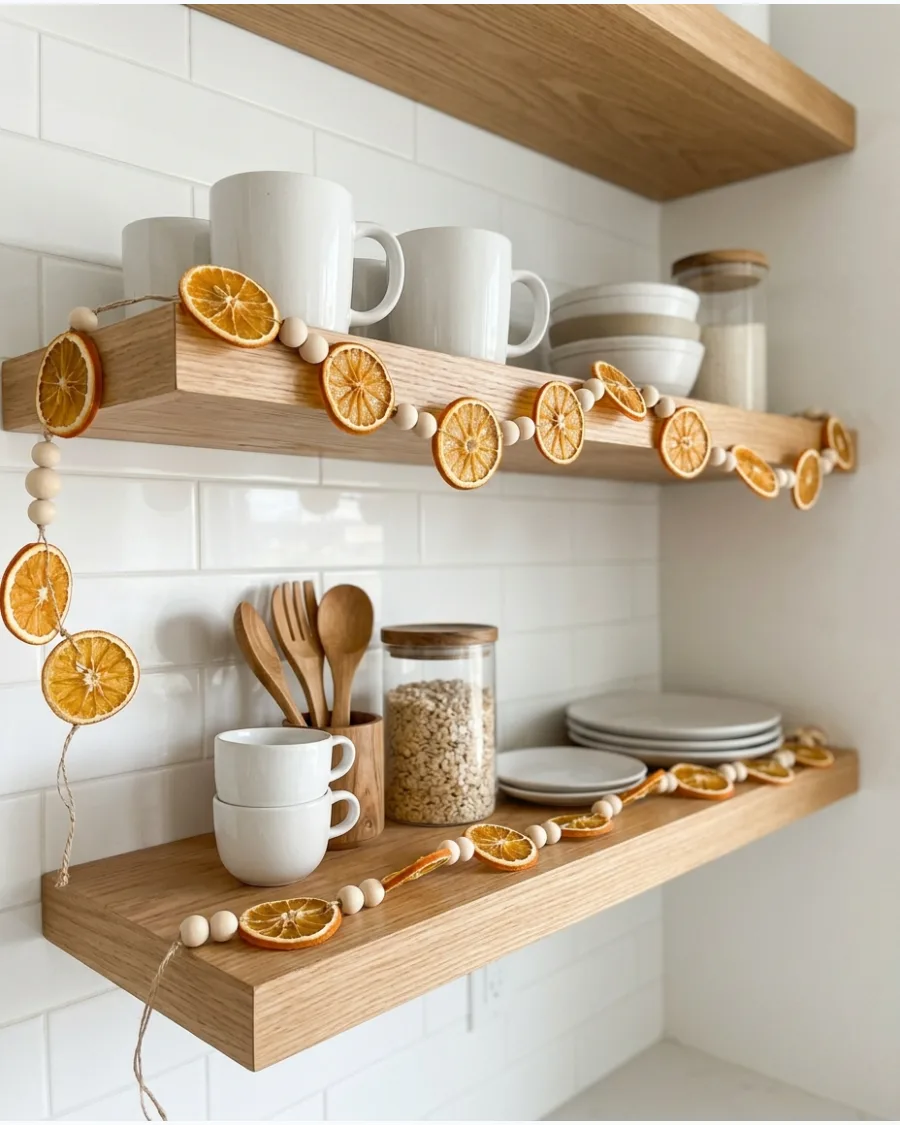 39. Dried Orange Garland Across Open Shelves