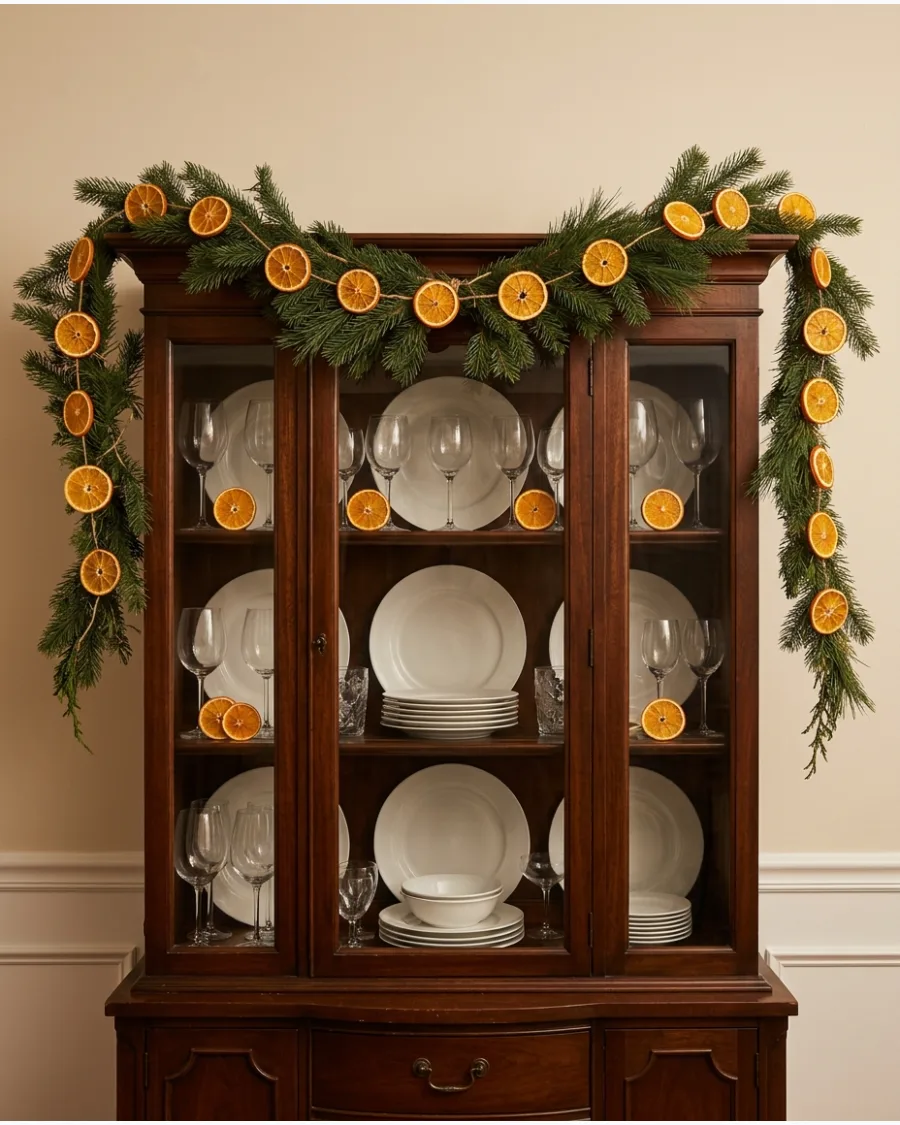40. Dried Orange Garland Around a Christmas Hutch