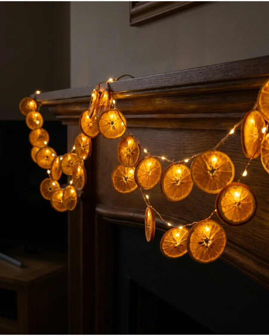 50. Dried Orange Garland With Warm Christmas Lights