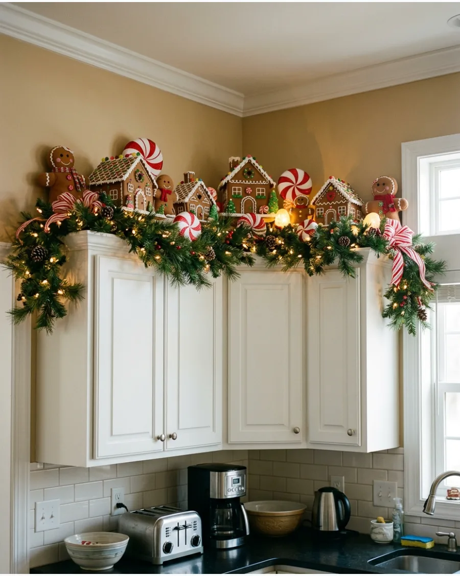 17. Gingerbread Christmas Above Kitchen Cabinets