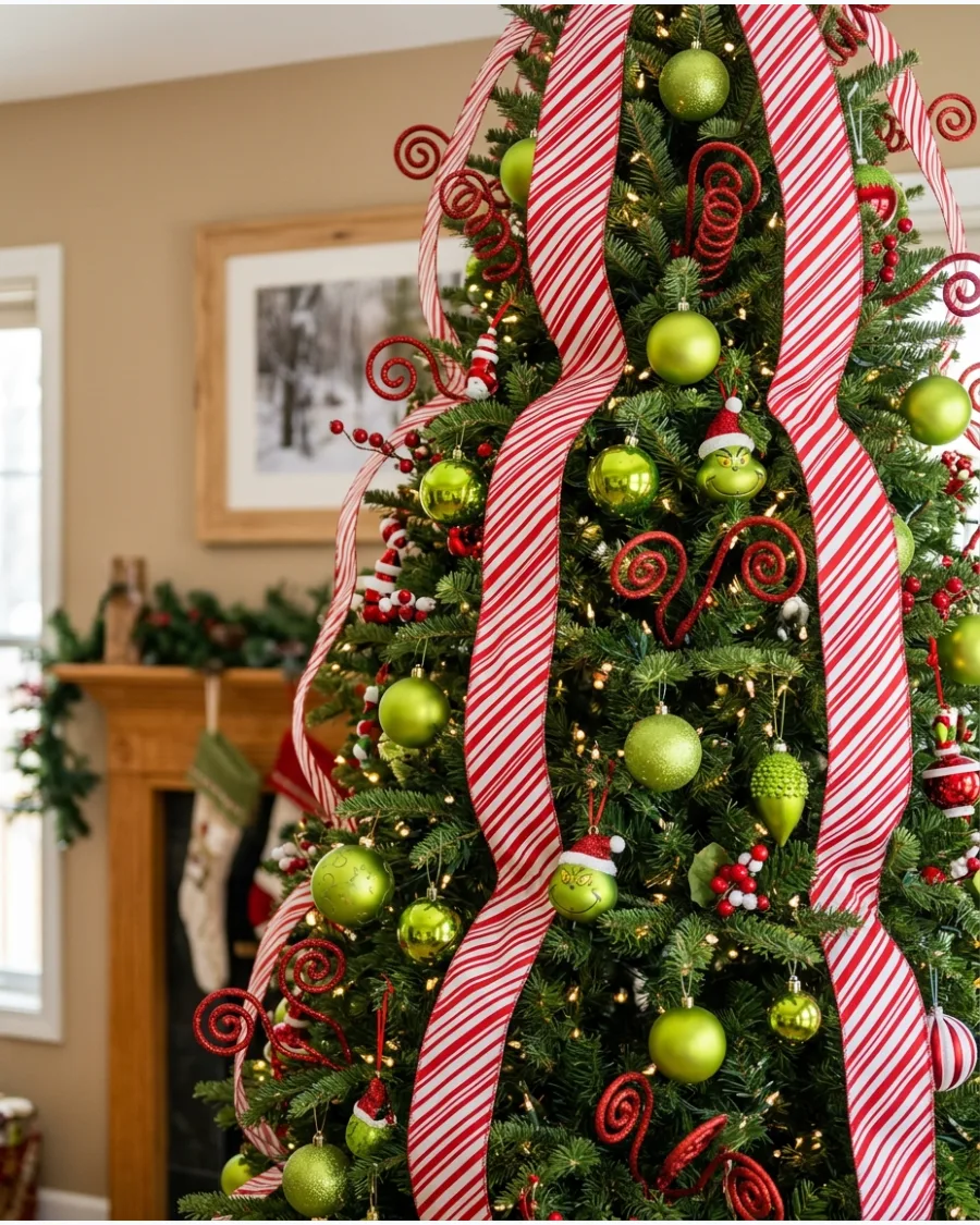 20. Candy Cane Ribbon Grinch Tree