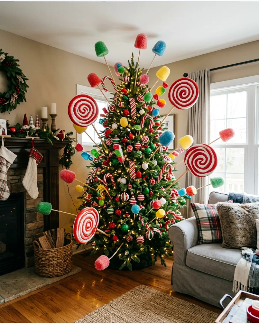 21. Grinch Christmas Tree With Oversized Candy Picks