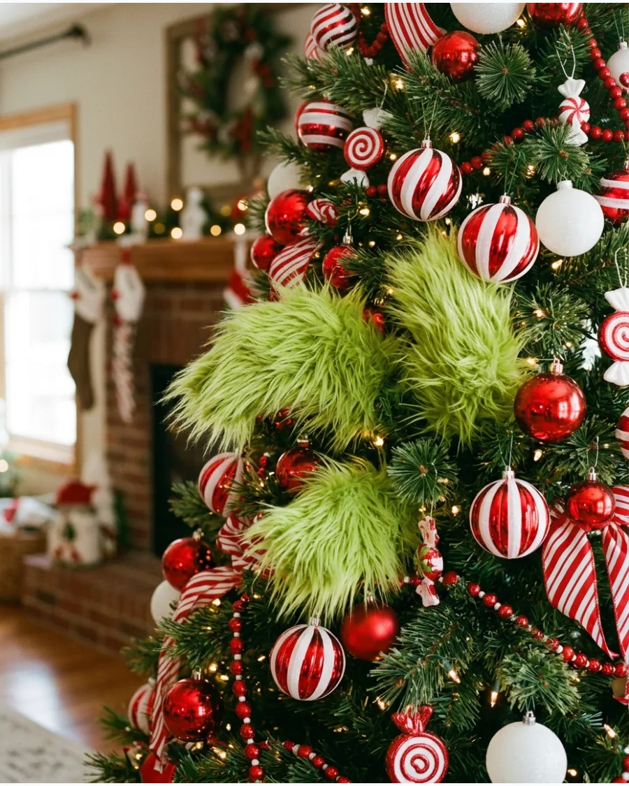 23. Grinch Candy Tree With Fuzzy Green Accents