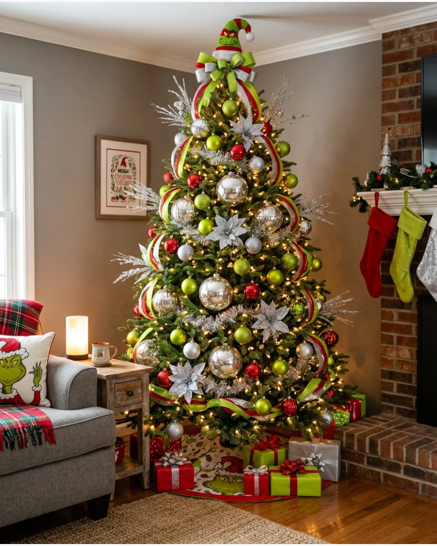 29. Red, Lime and Silver Grinch Christmas Tree