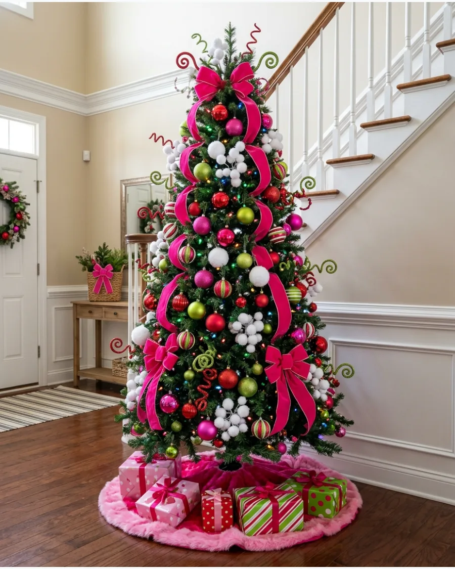 30. Red, Green and Pink Whoville Christmas Tree