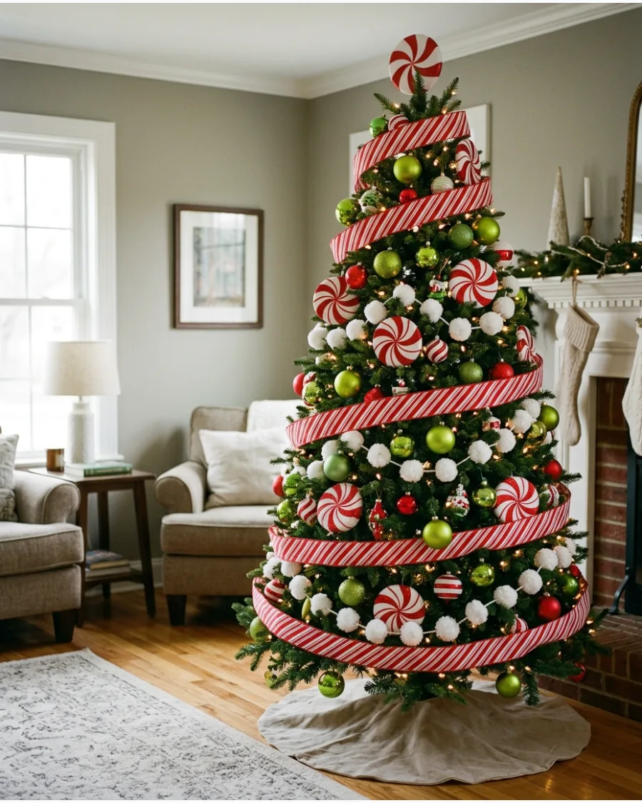 3. Grinch Christmas Tree With Red and White Stripes