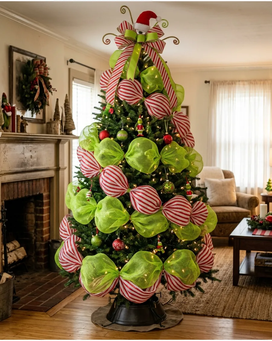 38. Grinch Tree With Giant Deco Mesh Ribbon
