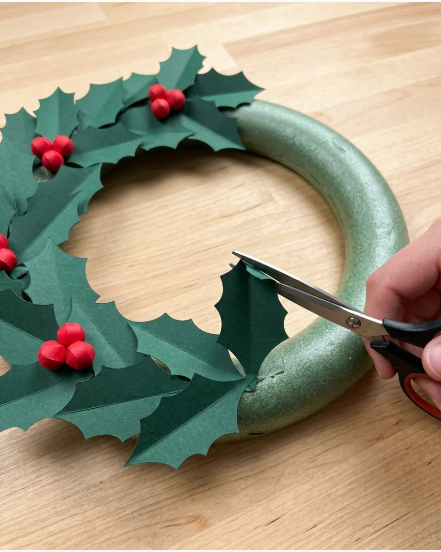 42. Paper Holly Christmas Wreath