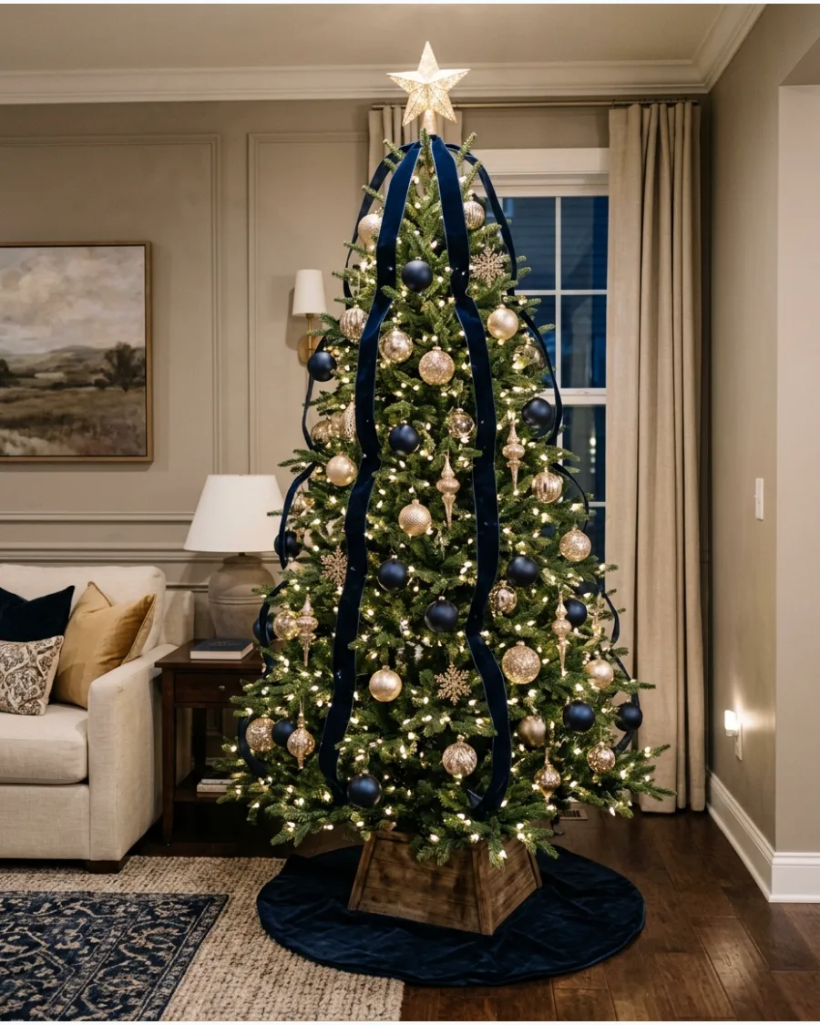 25. Navy and Champagne Gold Christmas Tree