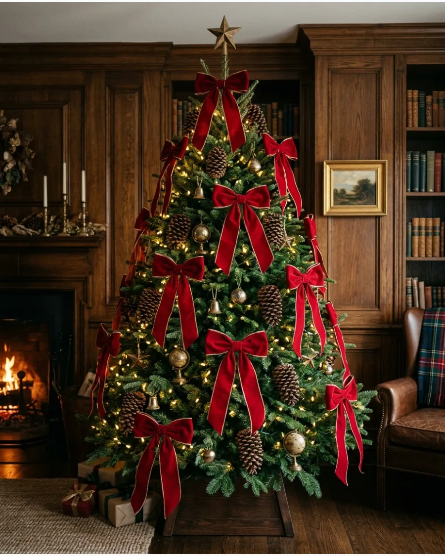 29. Red Velvet Bow and Pinecone Christmas Tree