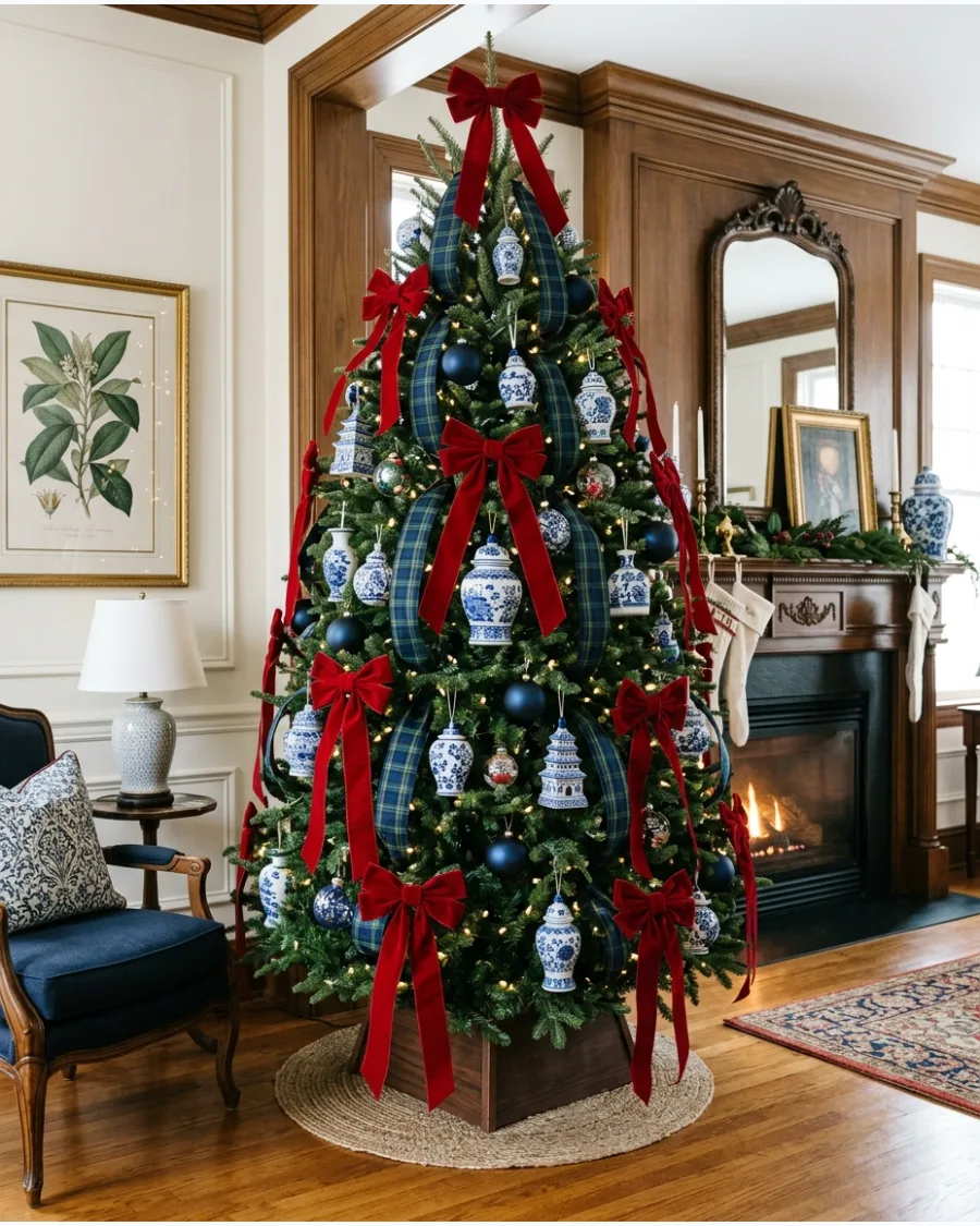 32. Grandmillennial Red, Navy and Chinoiserie Christmas Tree