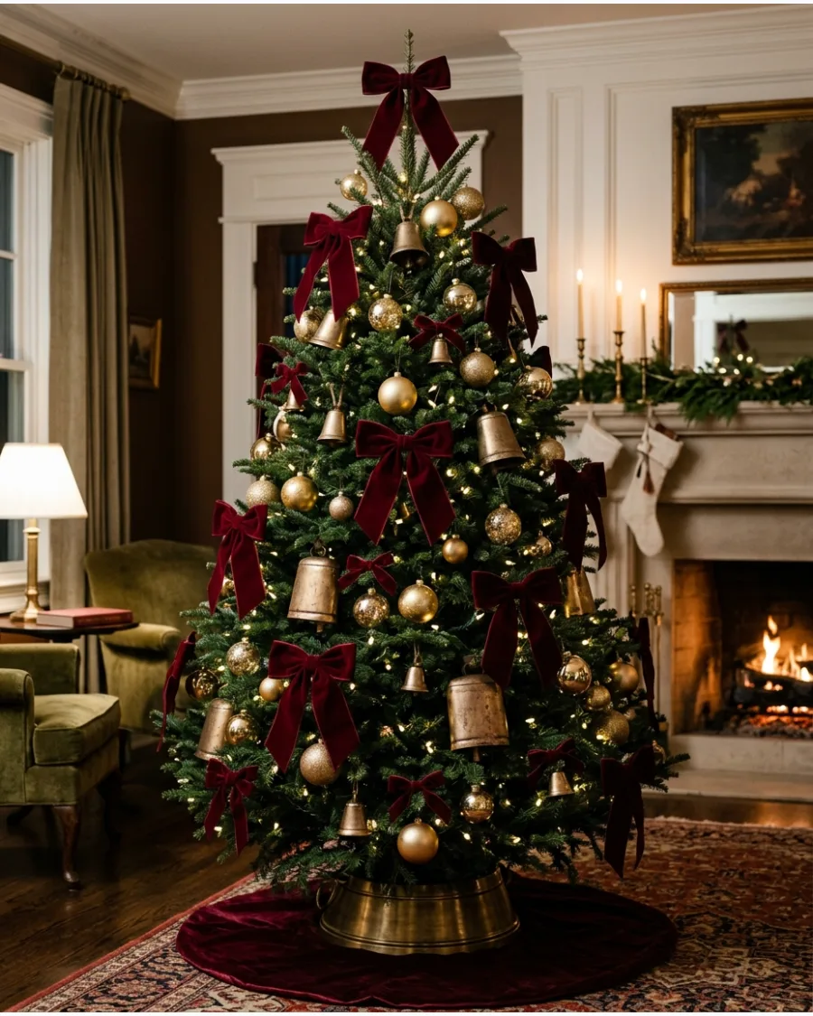 4. Burgundy Velvet and Antique Brass Christmas Tree