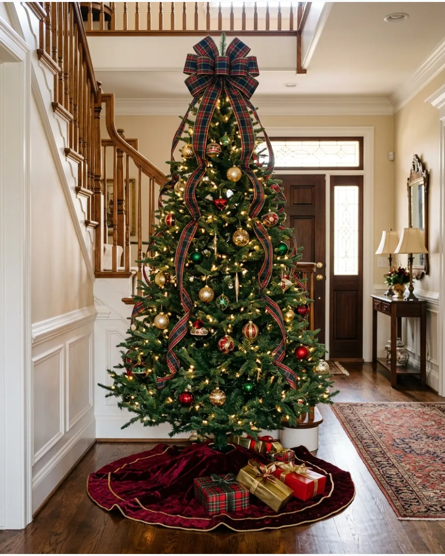 42. Velvet Tree Skirt and Tartan Bow Topper Christmas Tree