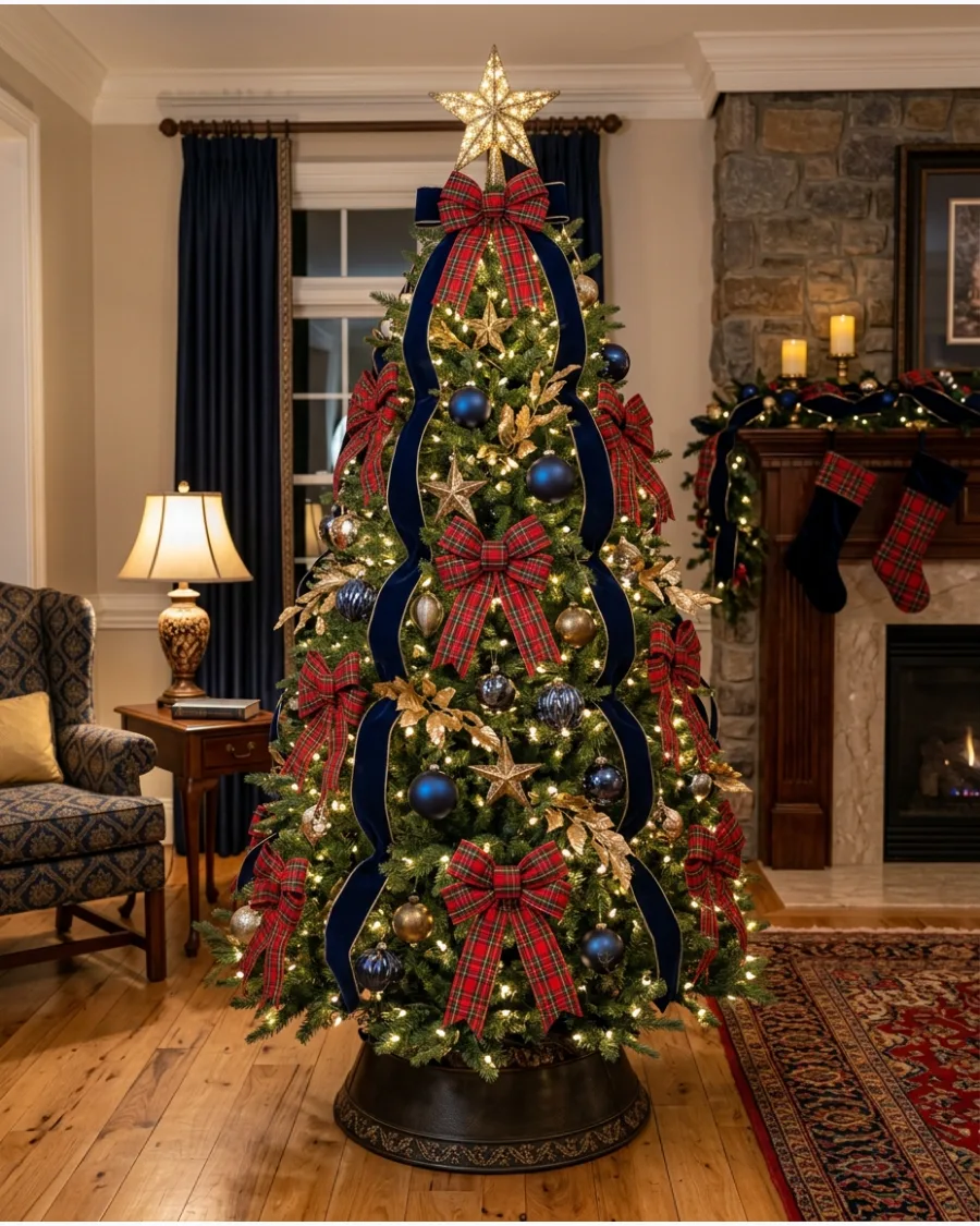 5. Navy Velvet and Red Plaid Christmas Tree
