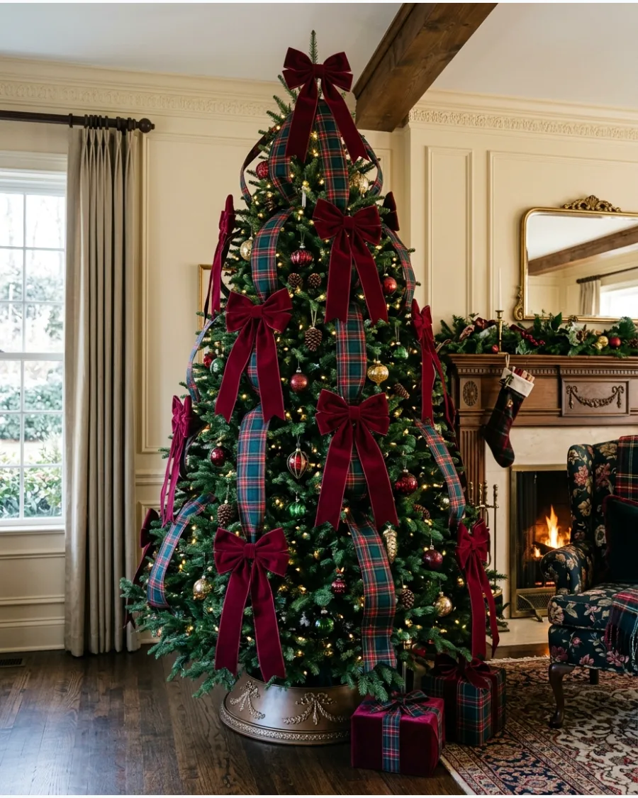 7. Plaid Ribbon and Oversized Velvet Bow Christmas Tree