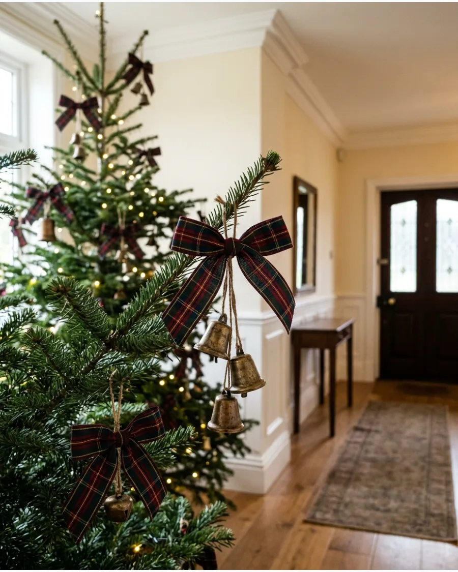 8. Tartan Ribbon and Brass Bell Christmas Tree