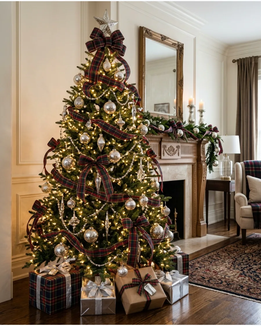 9. Plaid and Mercury Glass Christmas Tree