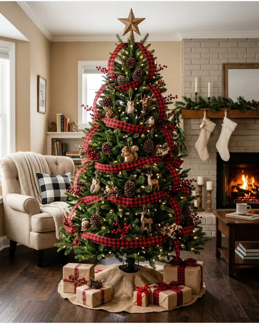 32. Red Plaid Woodland Christmas Tree
