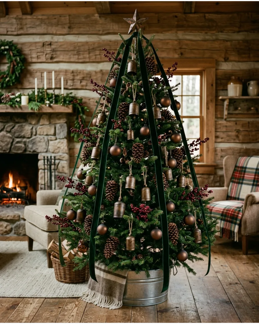 37. Rustic Woodland Christmas Tree With Brass Bells