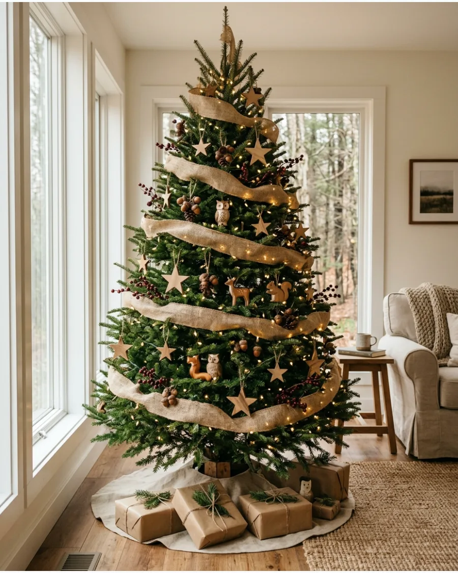 38. Woodland Christmas Tree With Burlap Ribbon