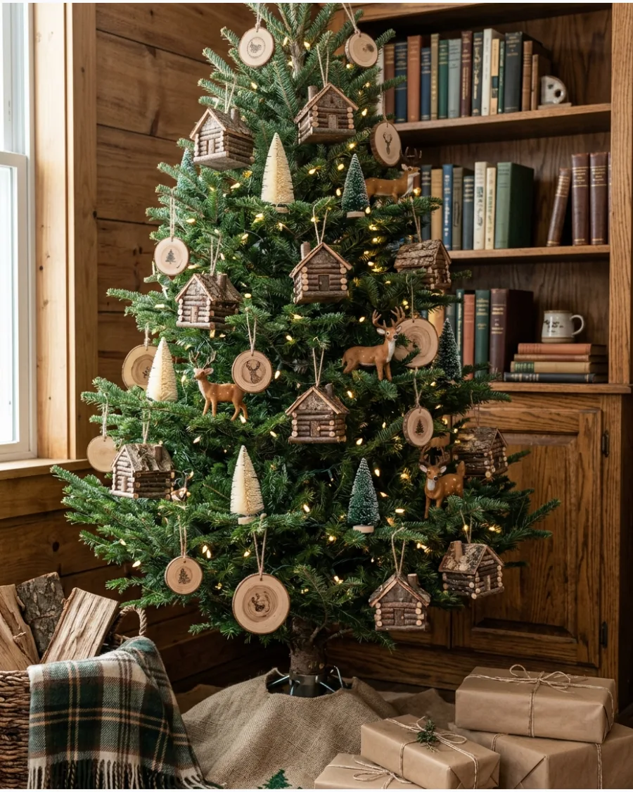 39. Woodland Tree With Wooden Cabin Ornaments