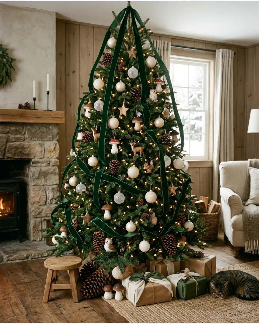 45. Cream and Forest Green Woodland Christmas Tree
