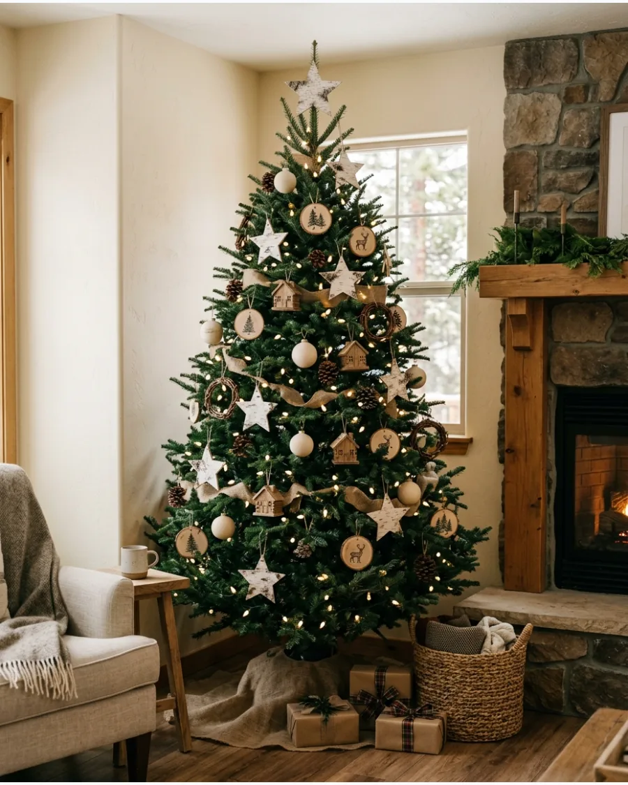 6. Woodland Christmas Tree With Birch Wood Ornaments