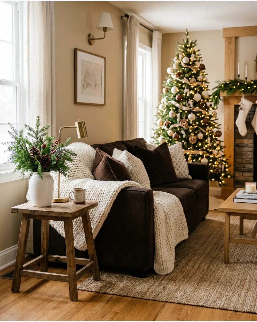 11. Chocolate Brown and Ivory Christmas Living Room